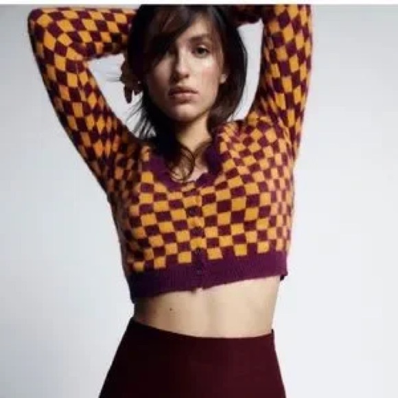 Zara Sweaters - Zara Checkerboard Cropped Cardigan | Size Small | Maroon & Mustard